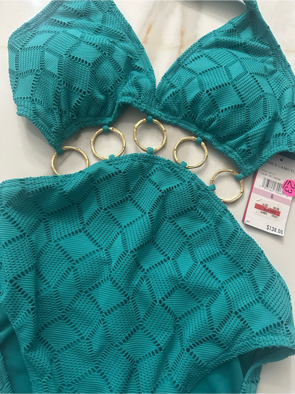 Vince cami Turquoise Halter One-Piece Swim Suit with Gold Ring Accents - Picture 4 of 9